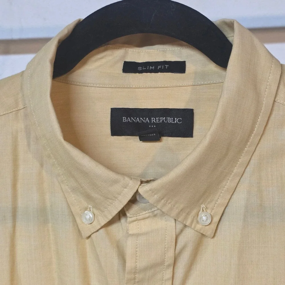 Banana Republic Men Slim Fit L Short‎ Sleeve Button Shirt Yellow Easter Spring